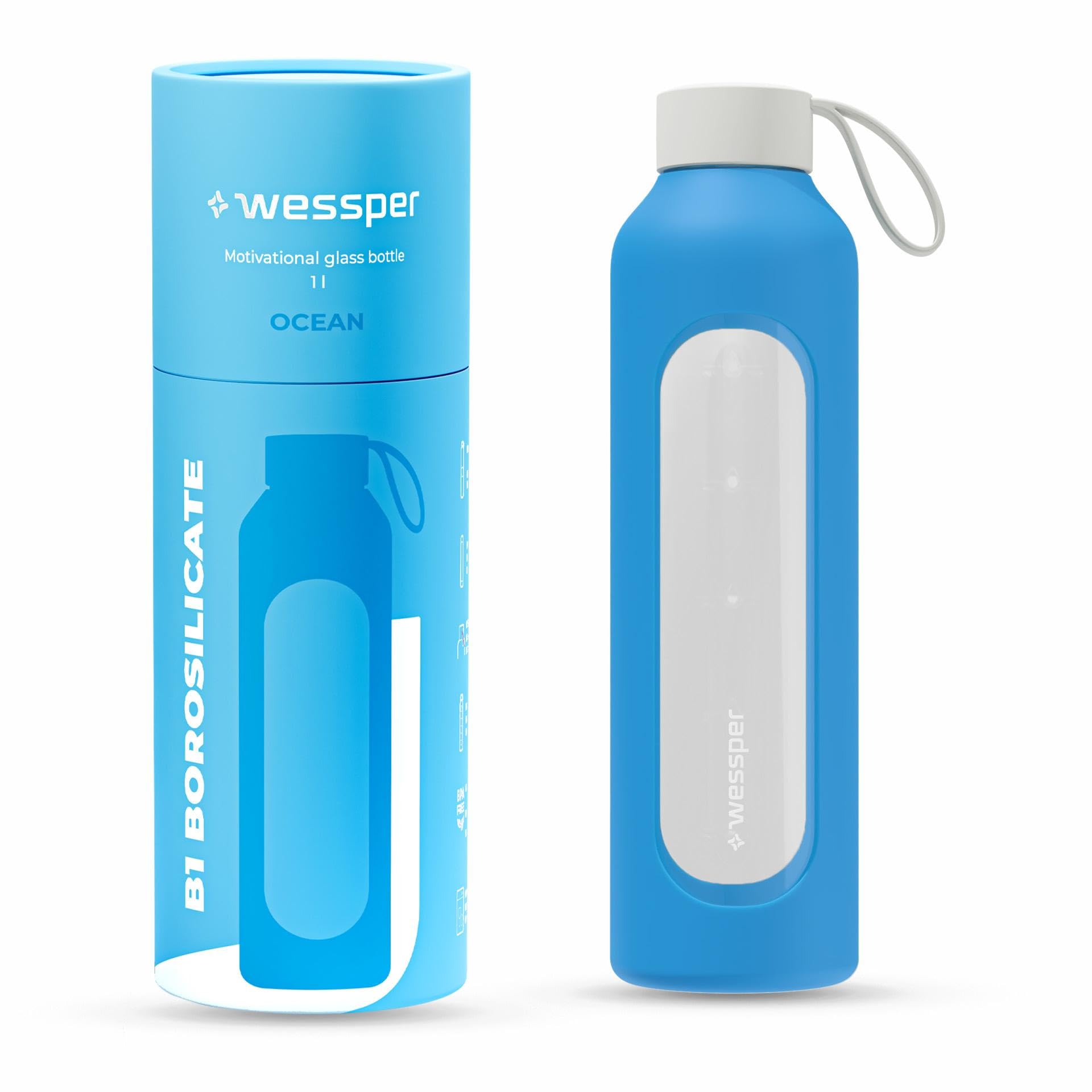 Wessper Glass Water Bottle 1L with Silicone Sleeve, Borosilicate Glass, Time Marker, BPA-Free, Reusable Sports Bottle for Gym, School, Office – Ocean Blue