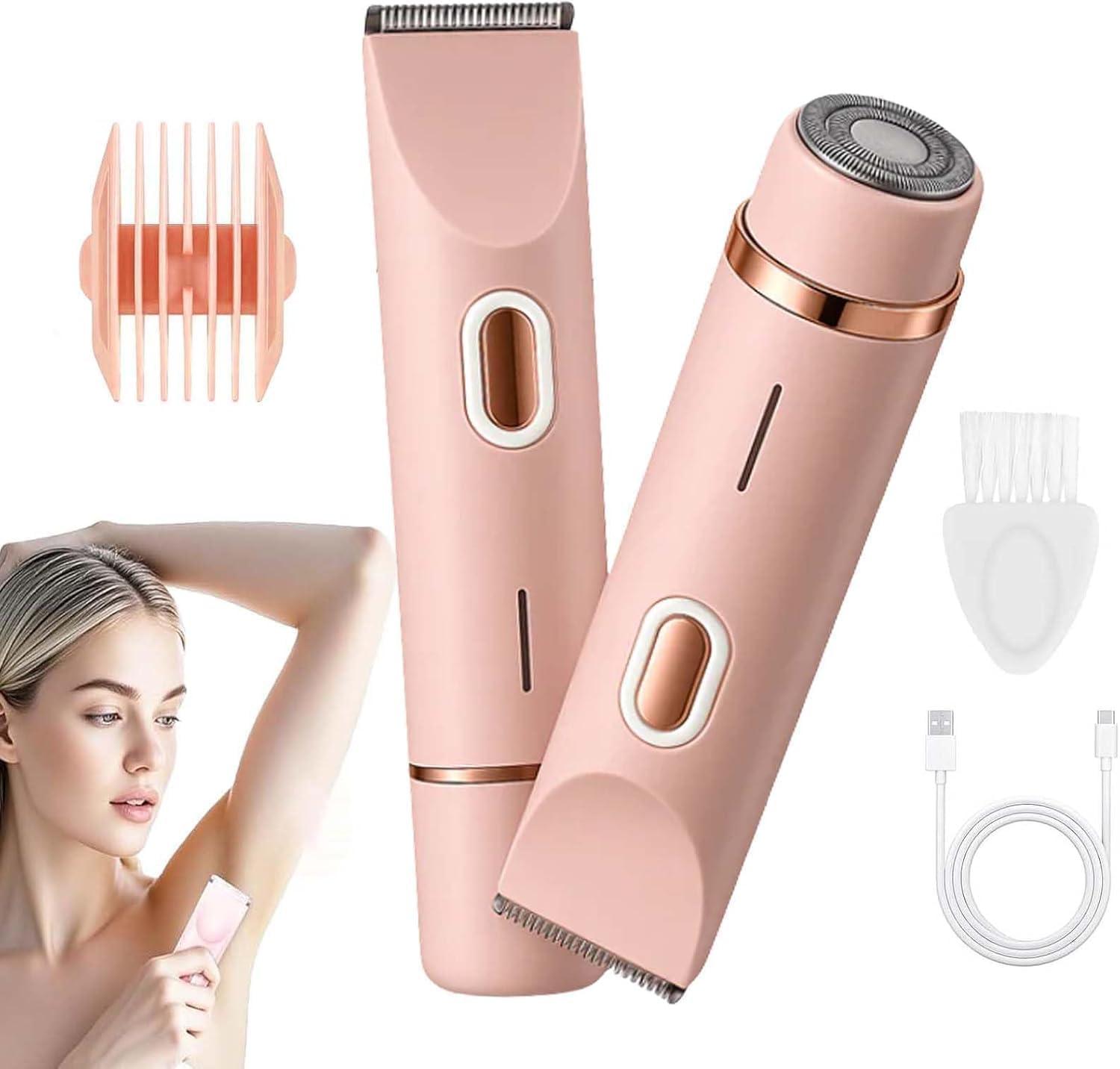 Rasoir Klyne Femme,Klyne Tondeuse Femme, Recharge USB, Étanche IPX7, Pour Bikini, Jambes, Aisselles et Nez (Rose)