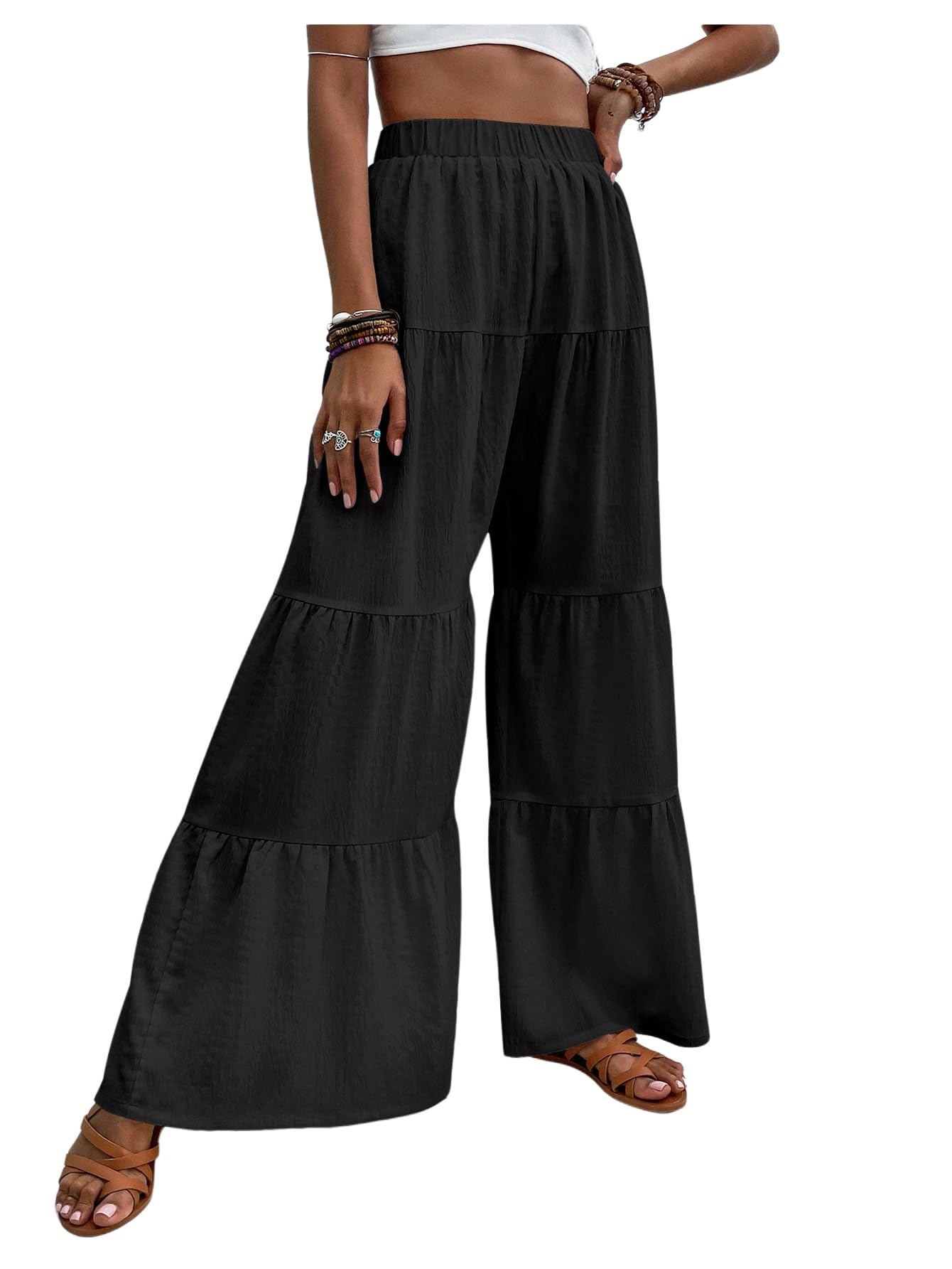 Milumia Womens Wide Leg Palazzo Pants Elastic High Waist Ruffle Hem Summer Flowy Pants