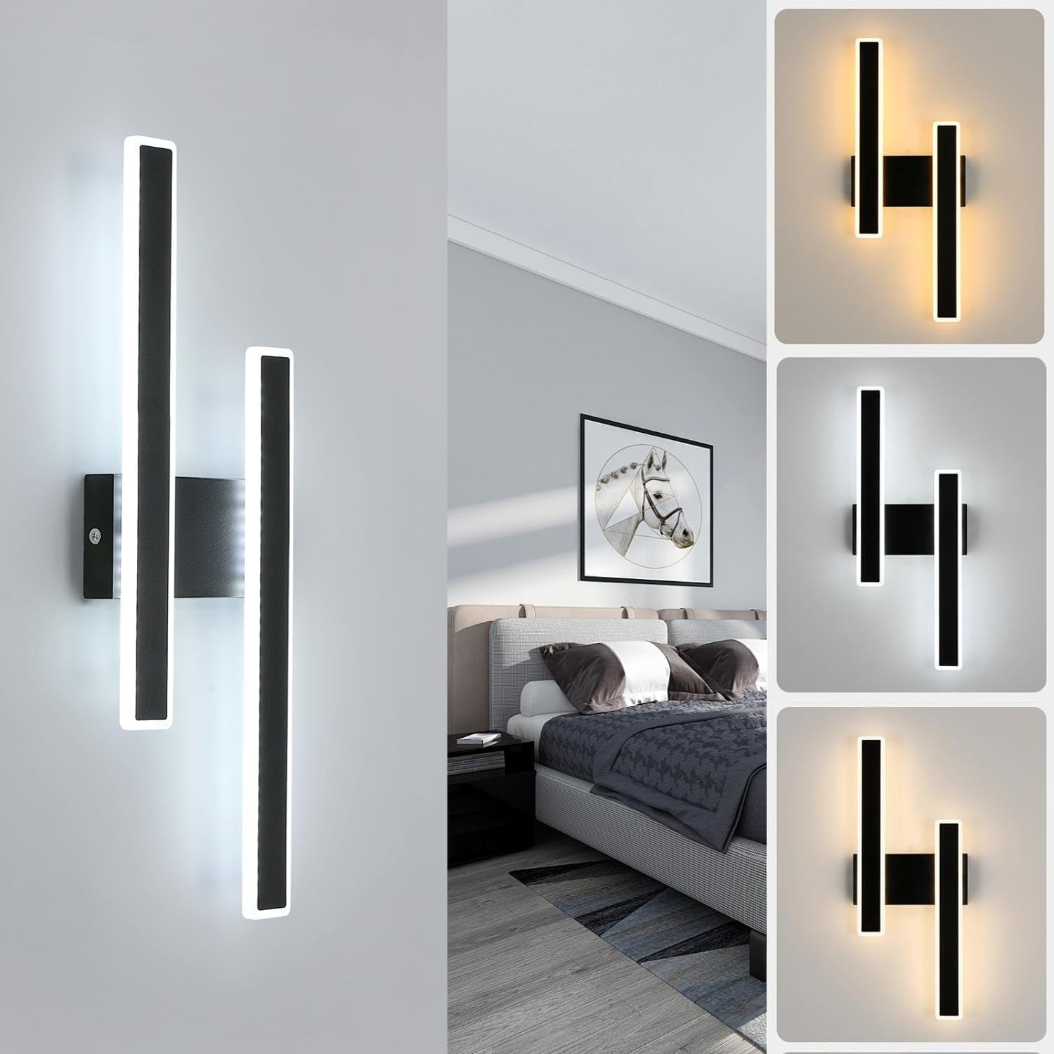 Aplique Pared Interior LED, 32W Regulable 3 Temperatura de Color Lámpara de Pared Moderna, Negro Iluminación Luz pared LED para Dormitorio Comedor Pasillo Escalera, 3000K/4500K/6000K