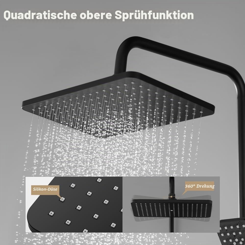 KOMIRO Duschsystem Schwarz, Duscharmatur Komplettset, Duschset mit Armatur, Regendusche Schwarz, Regendusche Duschkopf und Handbrause, Dusche Komplett für Badzimmer, Quadrat