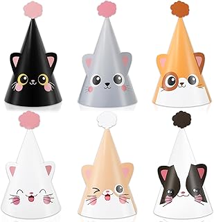 24 PCS Cat Birthday Party Decoration for Kids Cute Kitten Themed Party Cone Hats Cat Theme Cone Hats Kids Birthday Headwear for Boys and Girls Cosplay Dress Up Kitten Themed Supplies,6 Designs