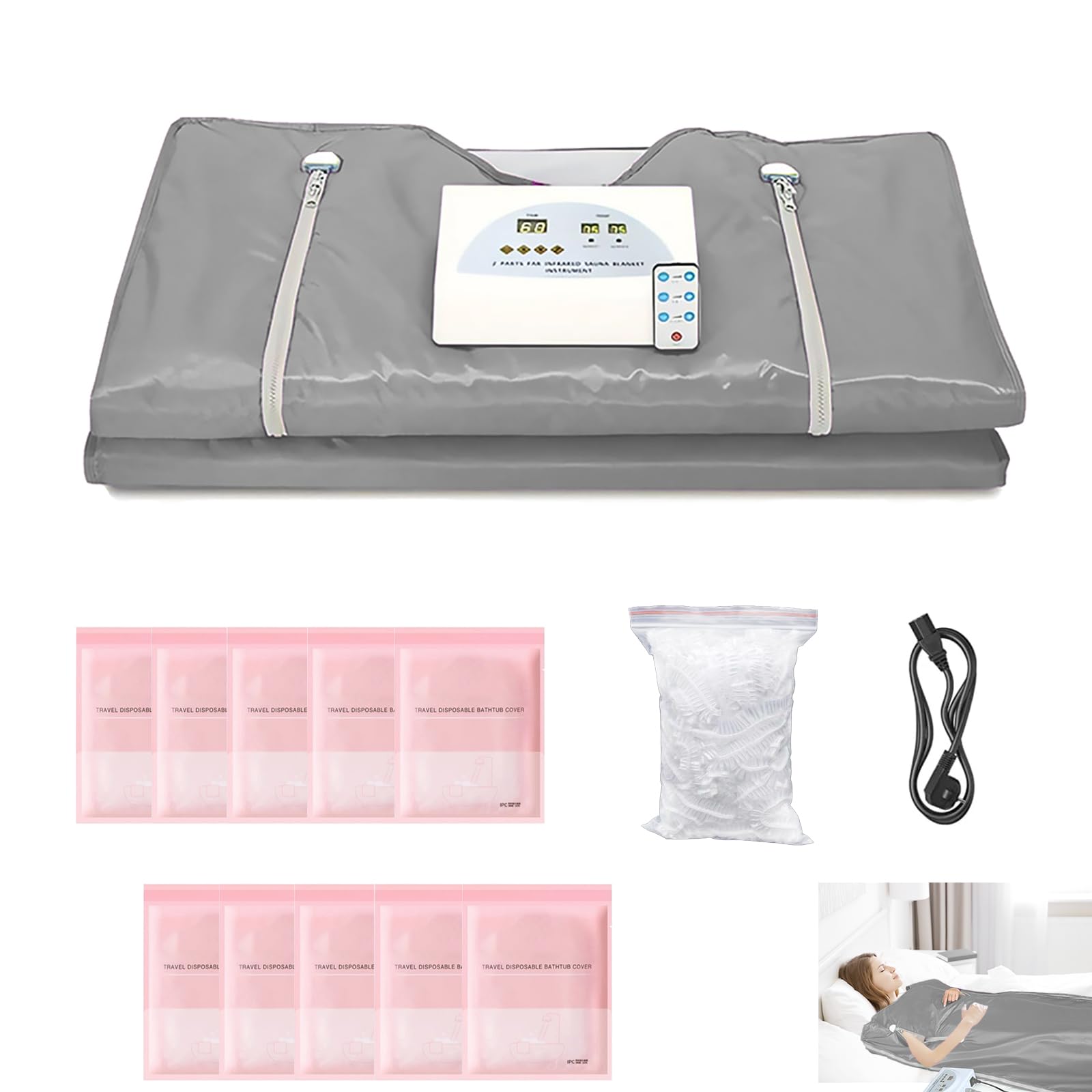 Manta Sauna Infrarrojos, Manta Sauna Infrarrojos 2 Zonas Con Cremallera 100 Gorros Ducha 10 Bolsas Baño Terapia Desintoxicación Sauna Manta Sauna Oxford Portátil Manta Calefactable con Control Remoto