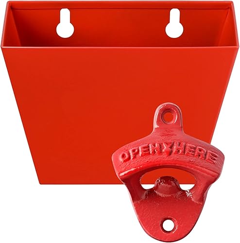 Abrebotellas de cerveza de hierro fundido rojo montado en la pared con captador amplio paquete