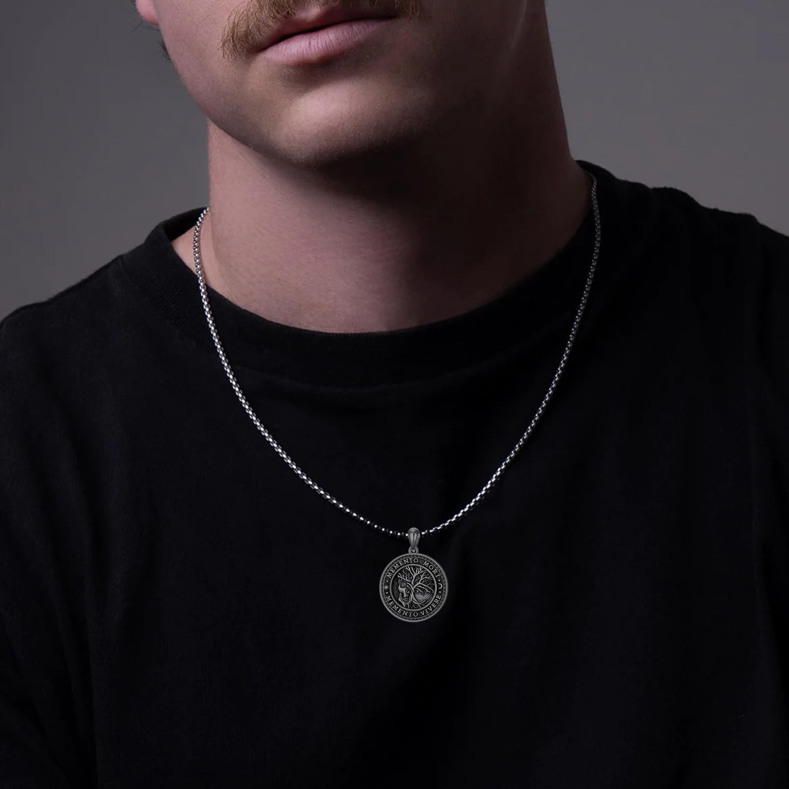 Memento Mori Halskette für Herren 925 Sterlingsilber Memento Mori Anhänger Lebensbaum Totenkopf Schutz Schmuck Geschenke 56 cm + 5,1 cm Kette
