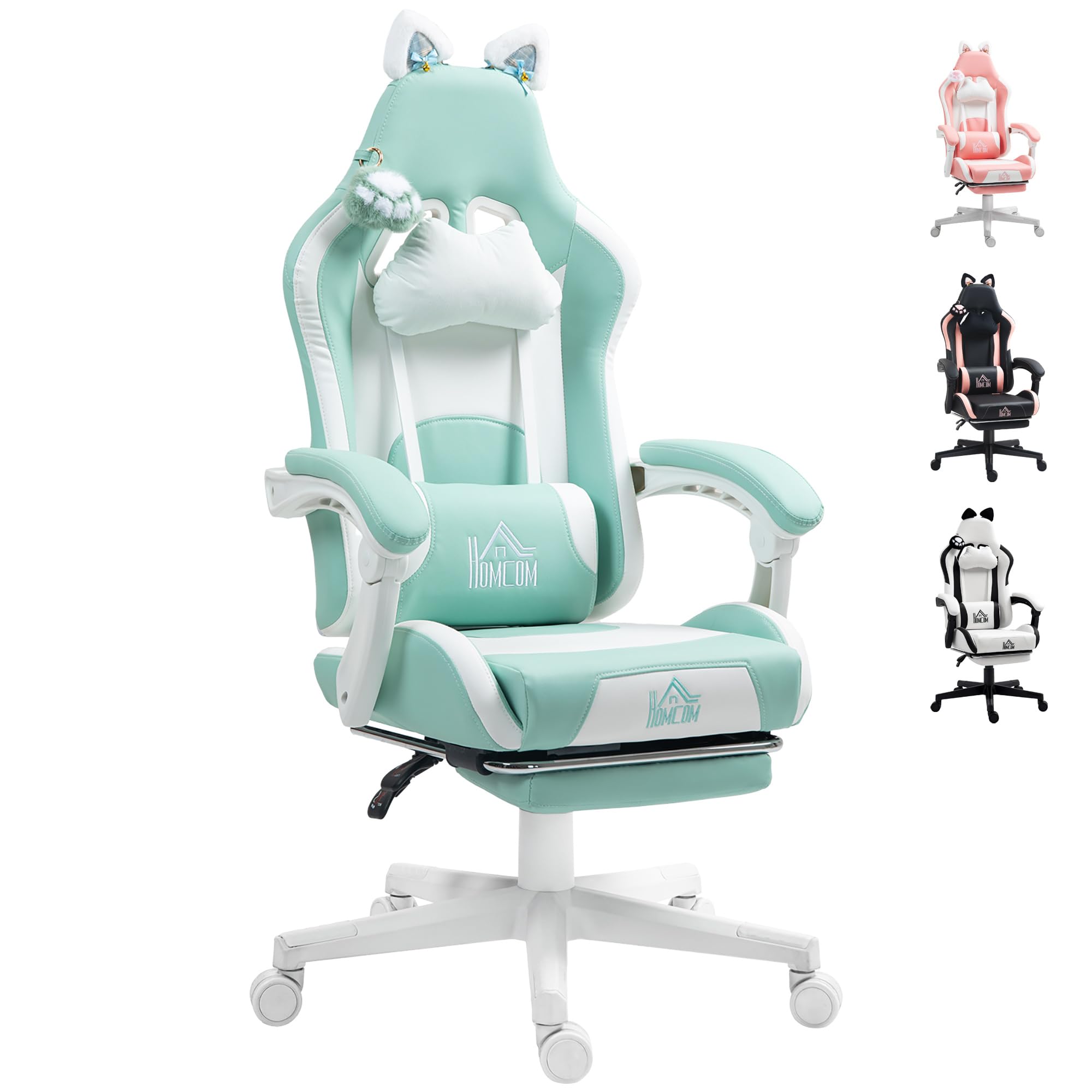 HOMCOM Silla Gaming con Orejas Silla Gamer Reclinable con Altura Ajustable Reposapiés Retráctil Soporte Lumbar y Reposacabezas Desmontable Silla para Oficina Estudio Azul Claro