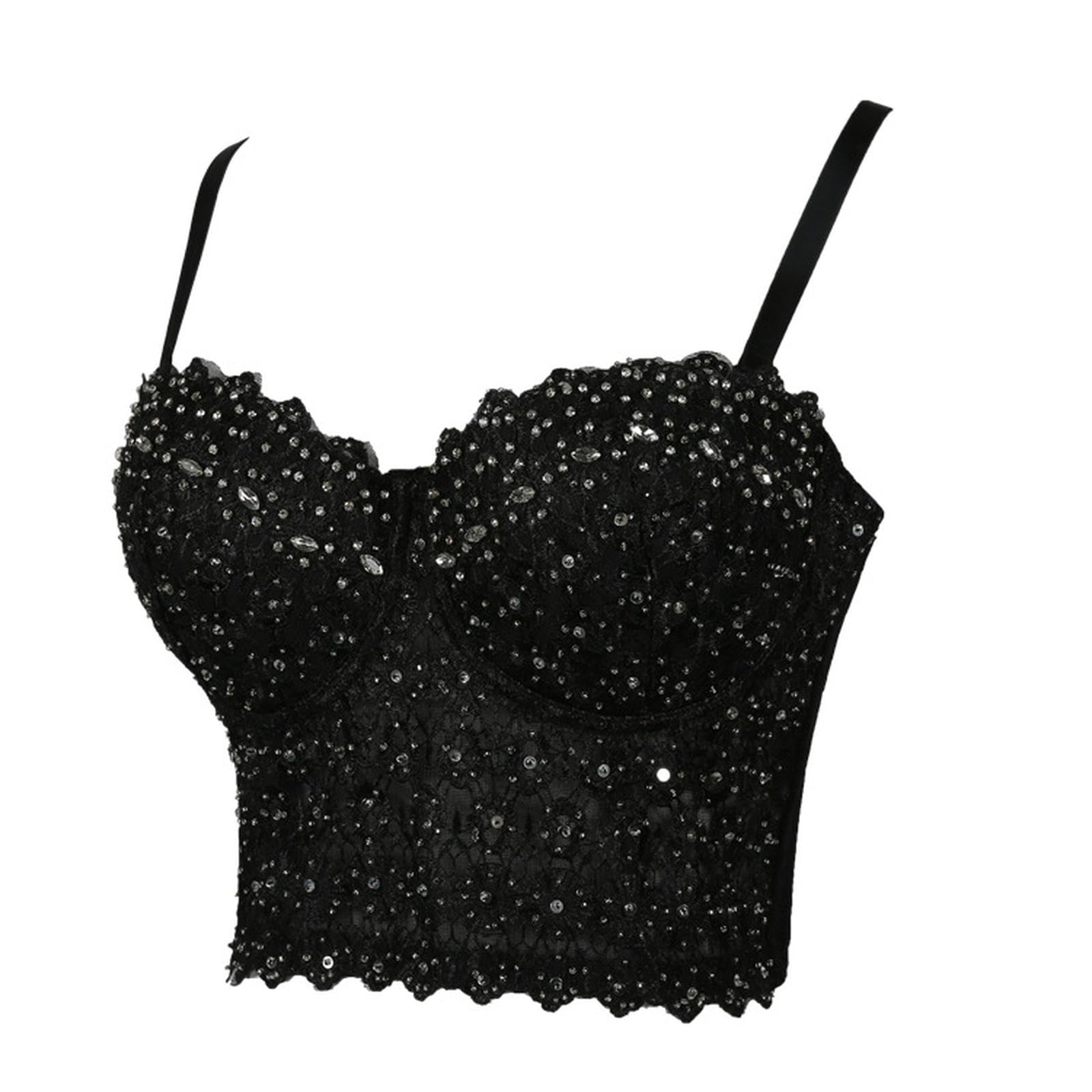 Reggicalze Europei e Americani, Ricami in Pizzo, Seni avvolti in Diamanti Luminosi, Reggiseno a Lisca di Pesce, Gilet Piccolo - Nero e Argento - 40C/L