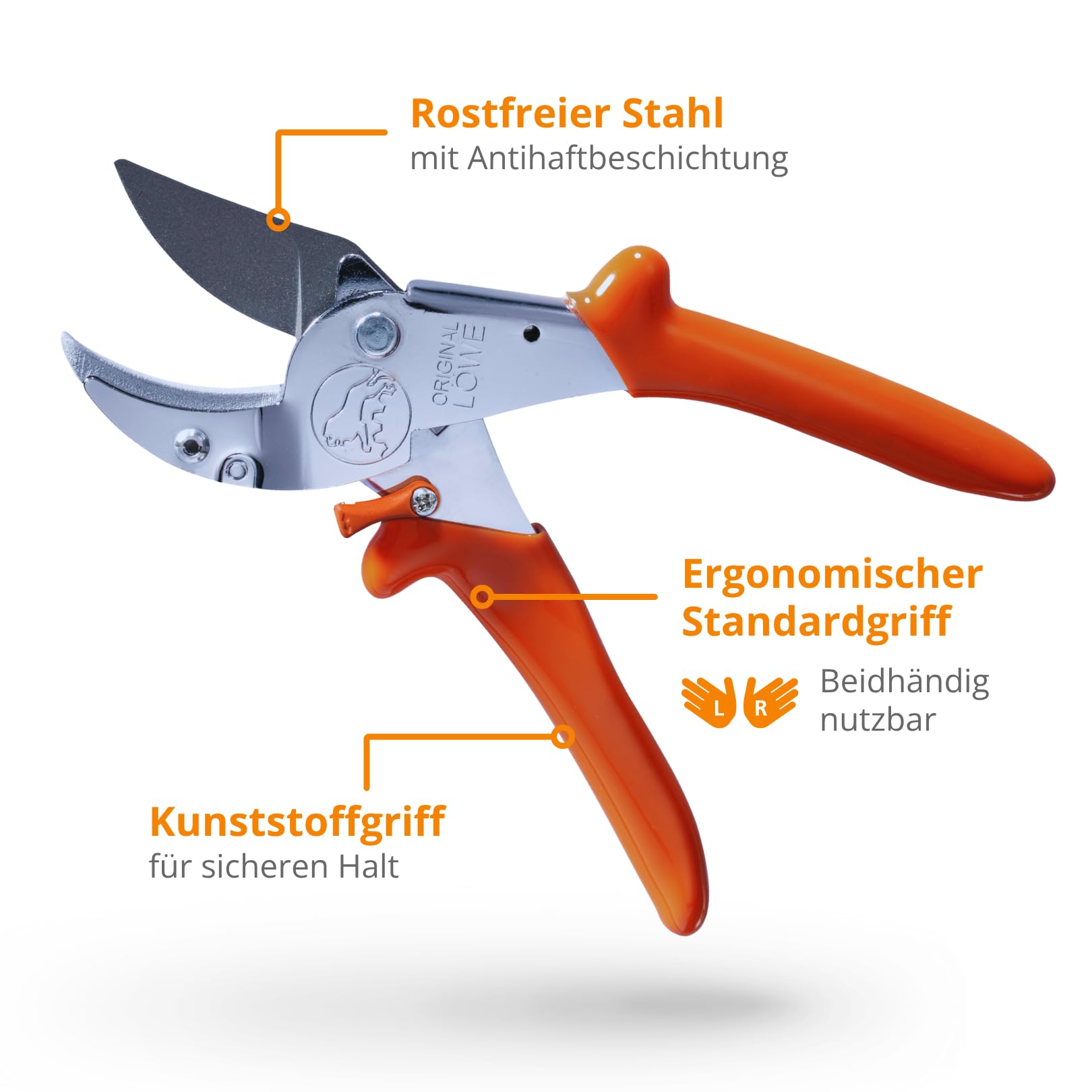 Original LÖWE 10 Profi Amboss Gartenschere 10.107 mit Bypass Geometrie - innovative scharfe Schere mit ergonomischen Griffen und Antihaftbeschichtung an Stahl-Klinge für Schneidarbeiten im Obstbau