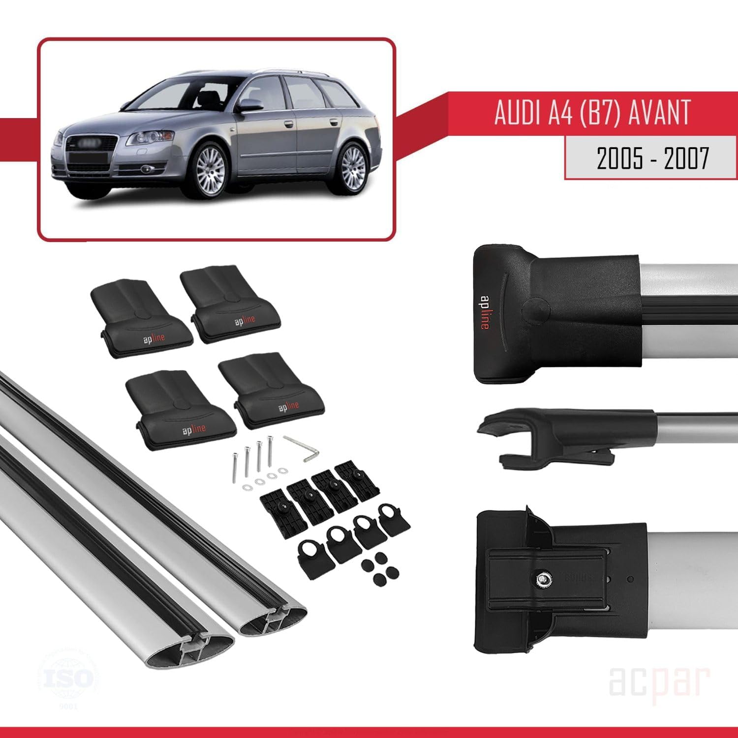 Compatible con Audi A4 (B7) Avant 2005-2007 Modelo Fly Barra de Techo Auto Portaequipajes Barras Transversales Gris Aluminio 2 Barras