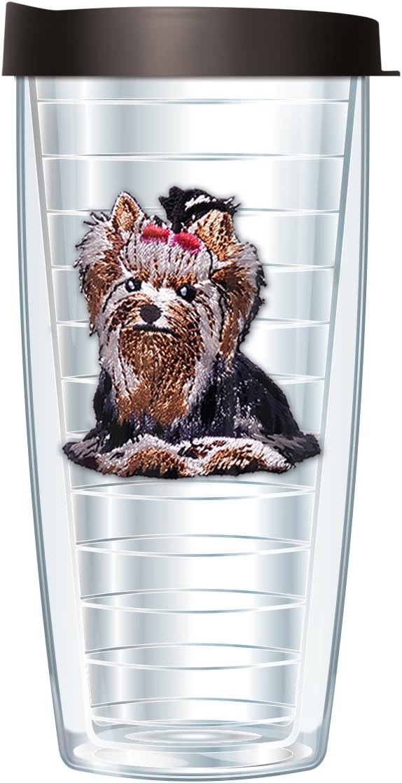 Signature Tumblers Yorkie Puppy Dog Emblem on Clear 16 Ounce Double-Walled Travel Tumbler Mug with Black Easy Sip Lid