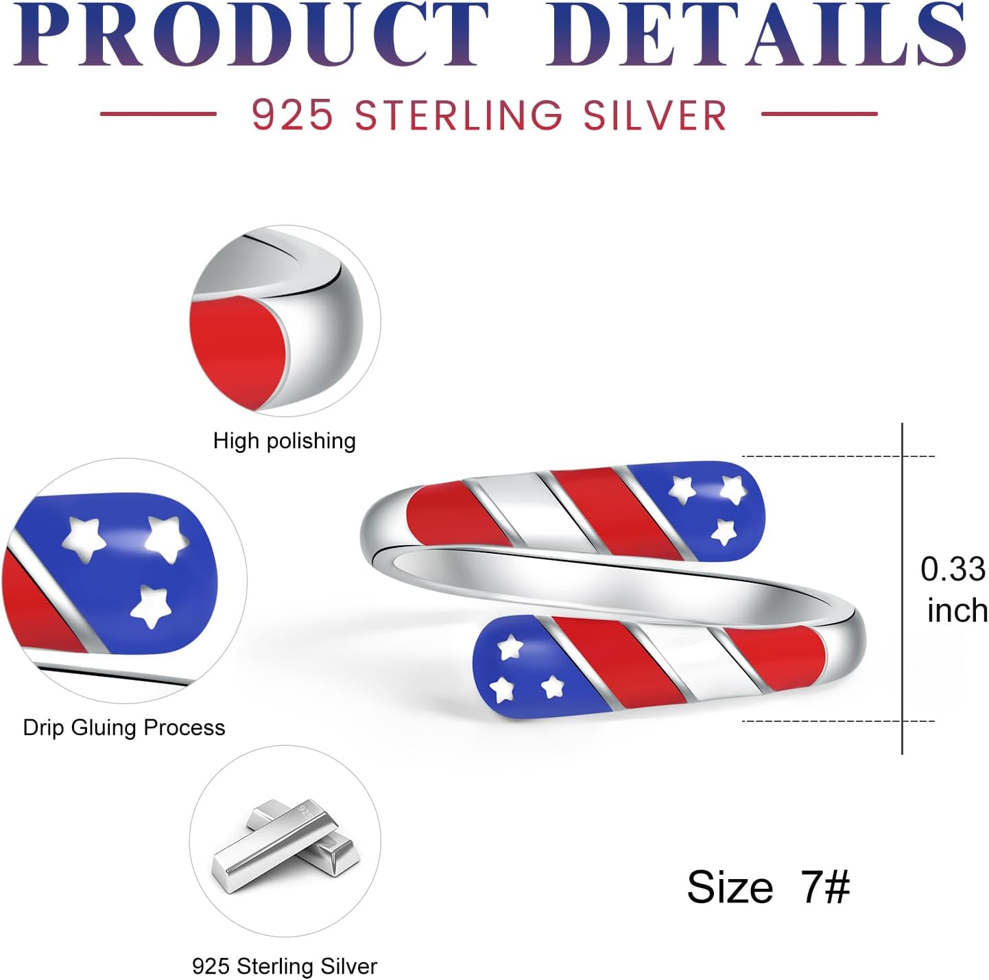 American Flag Ring 925 Sterling Silver Patriotic Adjustable Thumb Rings for Women Independence Day
