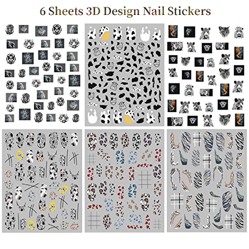 Leopard Nail Stickers For Nail Art, Designer Nail Decals 3D Self-Adhesive Nail Art Supplies 6Pcs Leopard White Milk Cow Design Nail Art Decals For Acrylic Nails Art Decorations Diy Nail Accessories #TOP1