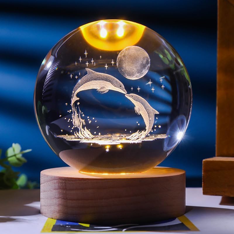 Image of Crystal 3D Galaxy Ball Night Light | Dimmable Engraved LED Glass Ball Table Lamp with USB and Wooden Base for Home Decor|Office|Birthday Gift & Kids Bedroom|Decoration (DOLPIN with Mooon)