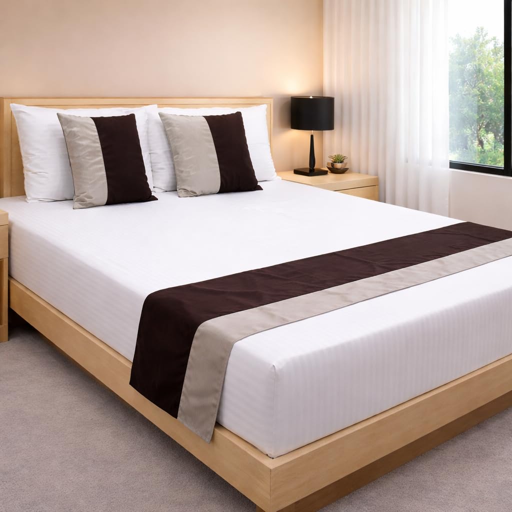 Vissage Brown and Light Grey Double Bed Runner with 2 Cushion Covers-image-38