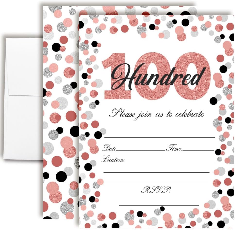 Custom Birthday Invitations 100th Birthday Invitation 20 5x7 Custom 100th Party Invitation Card With Envelopes - Unique Party Invites Rose Gold Polka Dot Theme