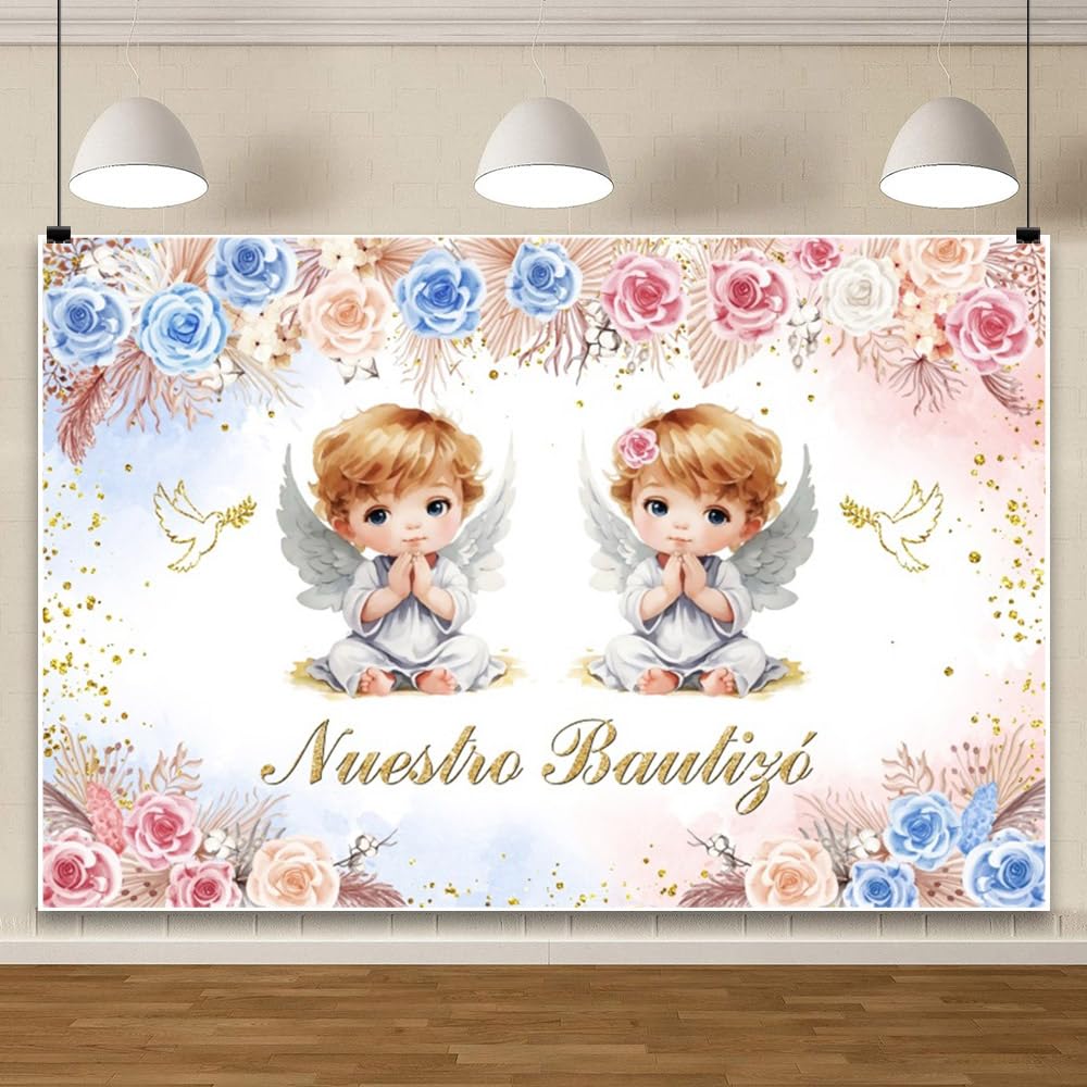 Generic Nuestro Bautizó Backdrop for Boys Girl First Holy Communion Baptism Christening Photography Background Two Blonde Angel Pink Blue Flower