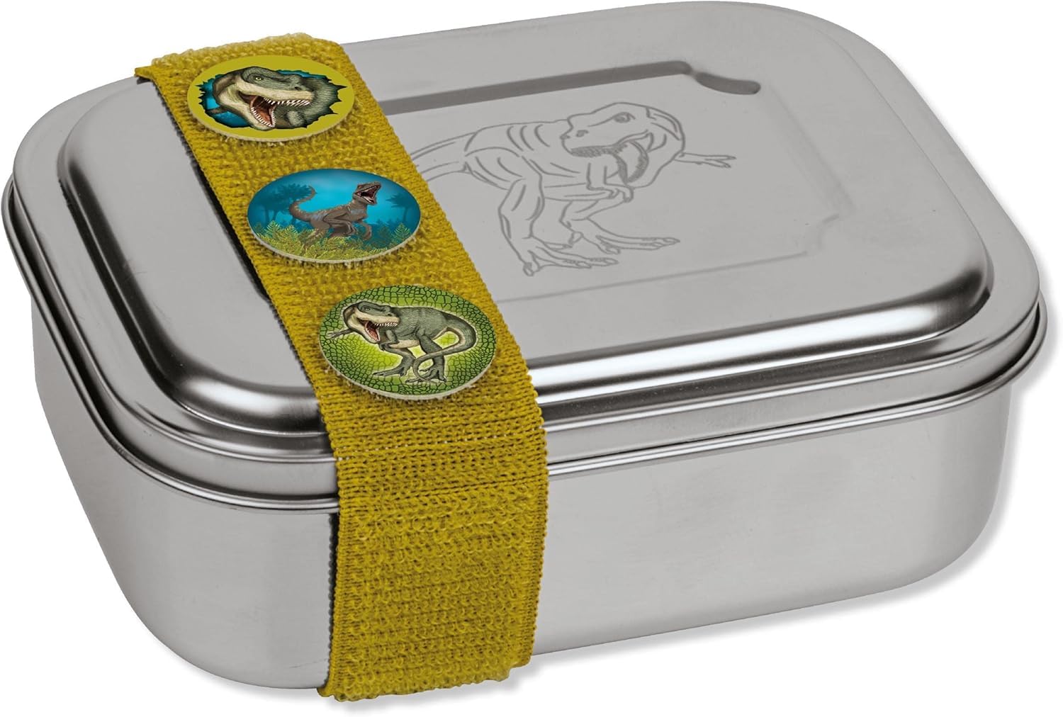 Fiambrera de acero inoxidable T-Rex verde con banda elástica resistente y duradera