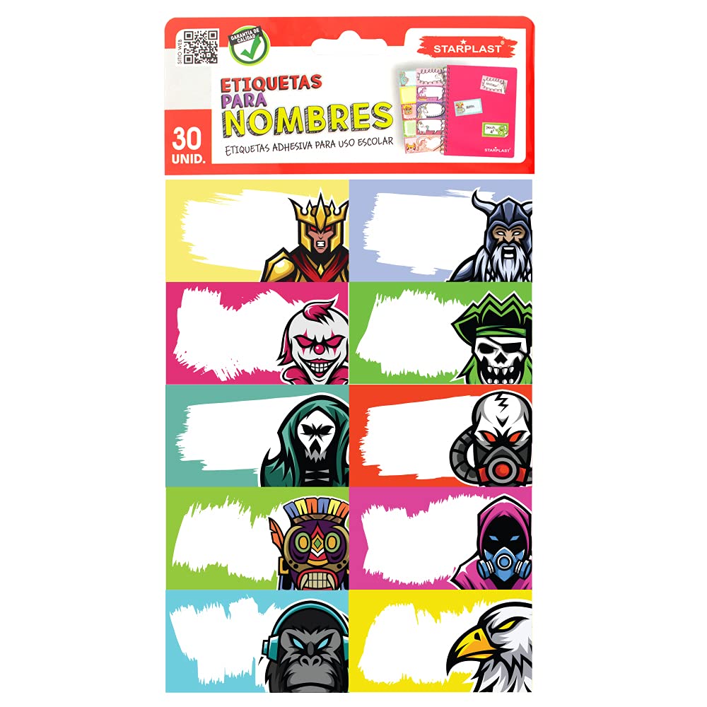 PACK 30 ETIQUETAS ESCOLARES STARPLAST - Etiquetas adhesivas, 75x45mm, con diseños, colores básicos, para asignaturas, la escuela o tus apuntes - Diseño 7