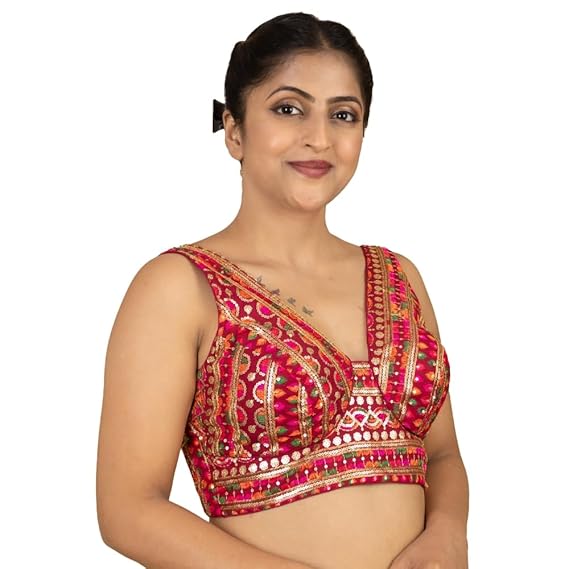 Women's Navratri Style Embroidery Sleeveless Readymade Sleeveless Saree Blouse V Neck Bohemian Zari Lace Work Alia Bhatt Cut Padded Cups Butter Crepe Lining for Woman E5