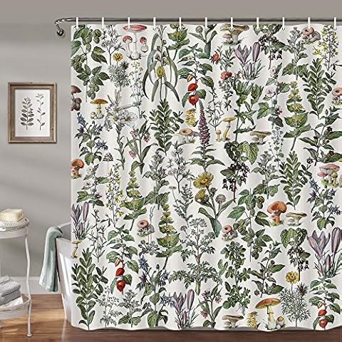Wathon Vintage Botanical Shower Curtain Plants Herbs Mushroom Sage Green Leaf Ferns Bath Curtain Boho Retro Wildflower Bathroom Decor Aesthetic Neutral Bath Set Farmhouse Bathroom Accessories 72X72IN Cover