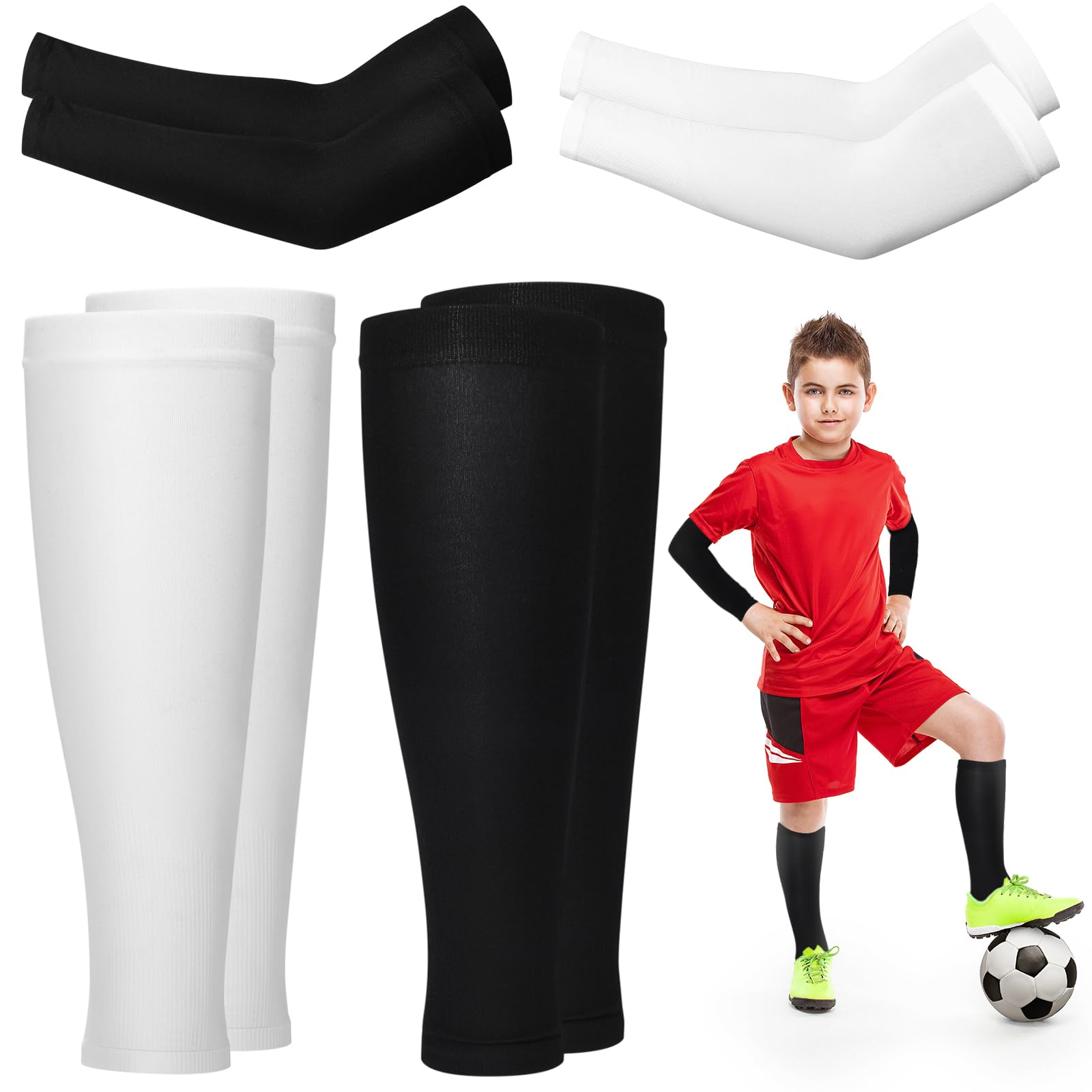 RoundFunny 4 Paar Kompressions-Beinstulpen und Armstulpen für Basketball, Jugendliche, Fußball, Fußball, Sportstulpen für Jungen und Mädchen, Schwarz, Weiß, Einheitsgröße, Schwarz, schwarz, weiß, One
