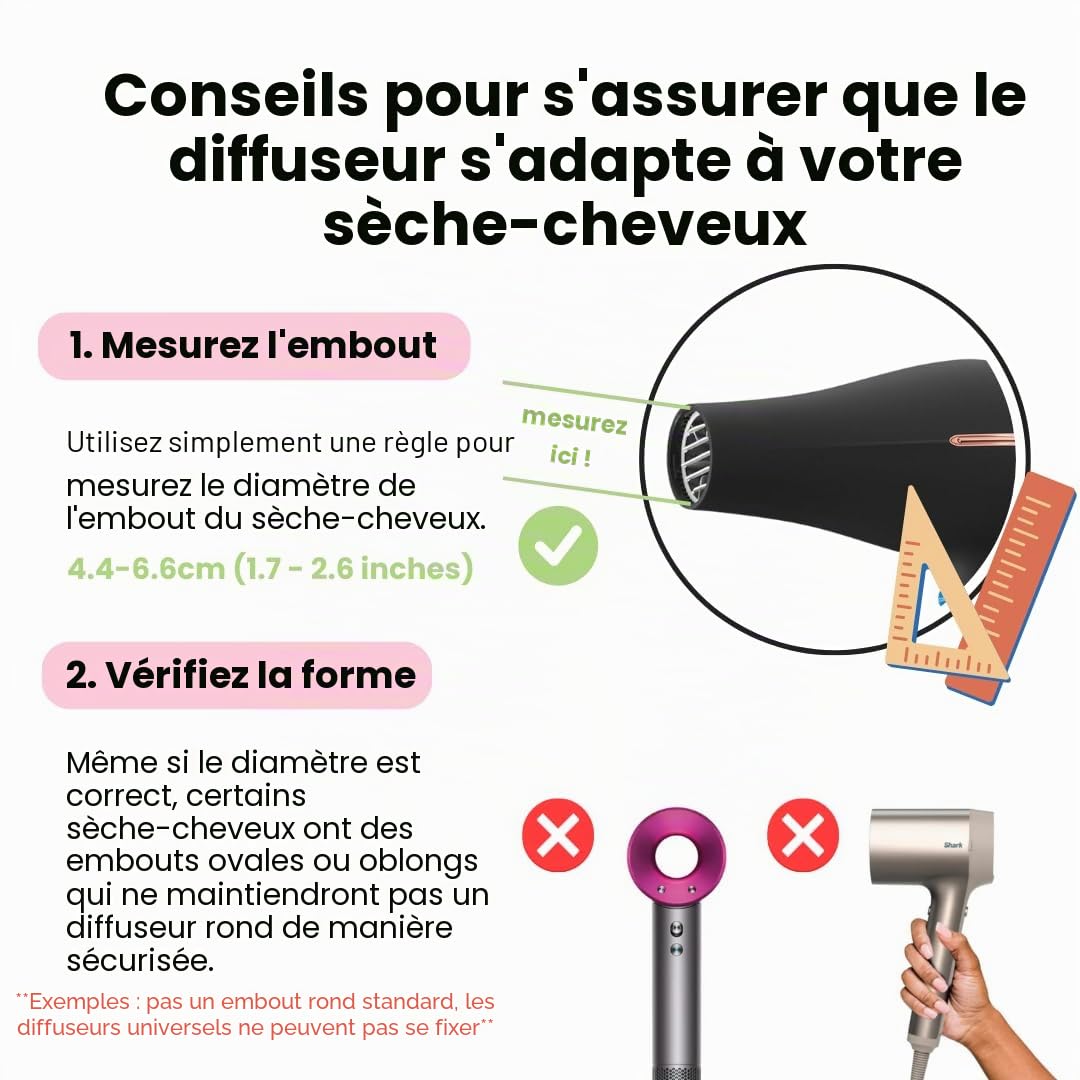 Diffuseur Universel Très Solide pour Cheveux Bouclés et Ondulés | Accessoire pour Sèche-Cheveux 4.4-6.6 cm, Portefeuille Robuste, Anti-Frisottis (Noir)