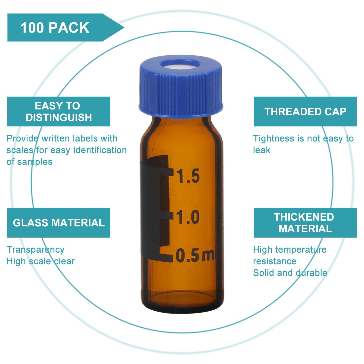 stonylab Autosampler Vials, Chromatographie Probenvials für Gas-oder Flüssigkeitschromatographie Probenkopf-Vials mit Kapillar-Einlagen, 100er Packung, Braun, 1.5 ml