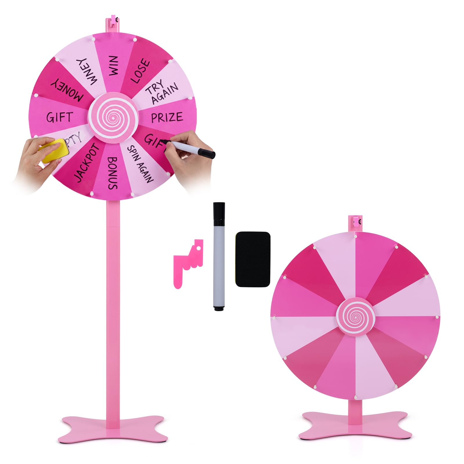 COSTWAY 24 Inch Prize Wheel, 12 Slots Color Roulette Spinner of Fortune, Height Adjustable Spin the Wheel Game with Blackboard Marker, Eraser & Spare Pointer for Party Carnival Tradeshow