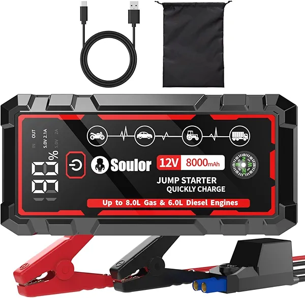 5000A Jump Starter Car Battery Jumper Starter Portable with Jumper Cable(Up tp 8.0L Gas and 6.0L Diesel Engines), Quick Charge Power Bank, 3 Modes Flashlight, Compass