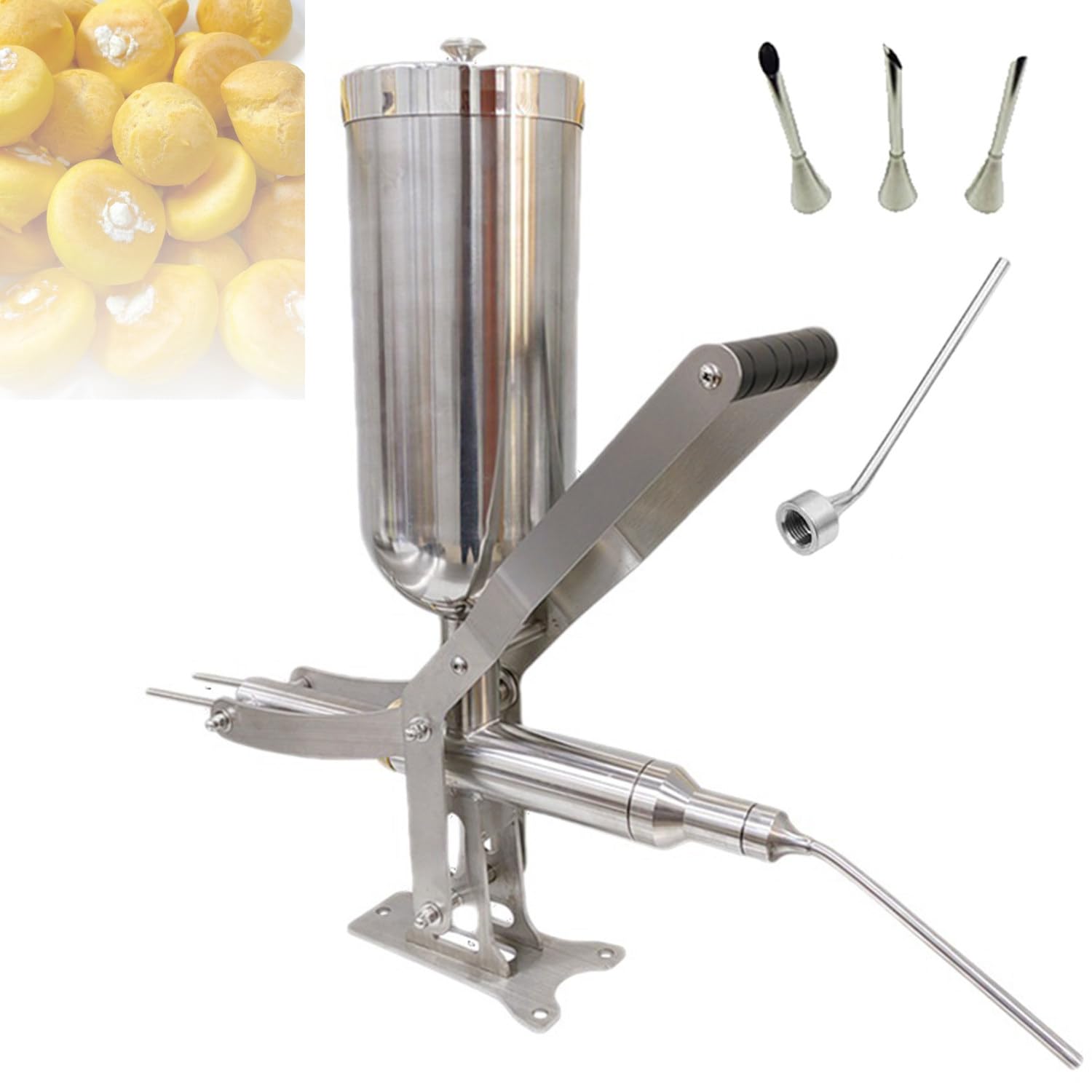 Esta máquina para Rellenar Churros, llenadora Manual de Crema de 5 litros con 4 boquillas, dispensador cuantitativo Ajustable para donas, Pasteles y postres Latinos.