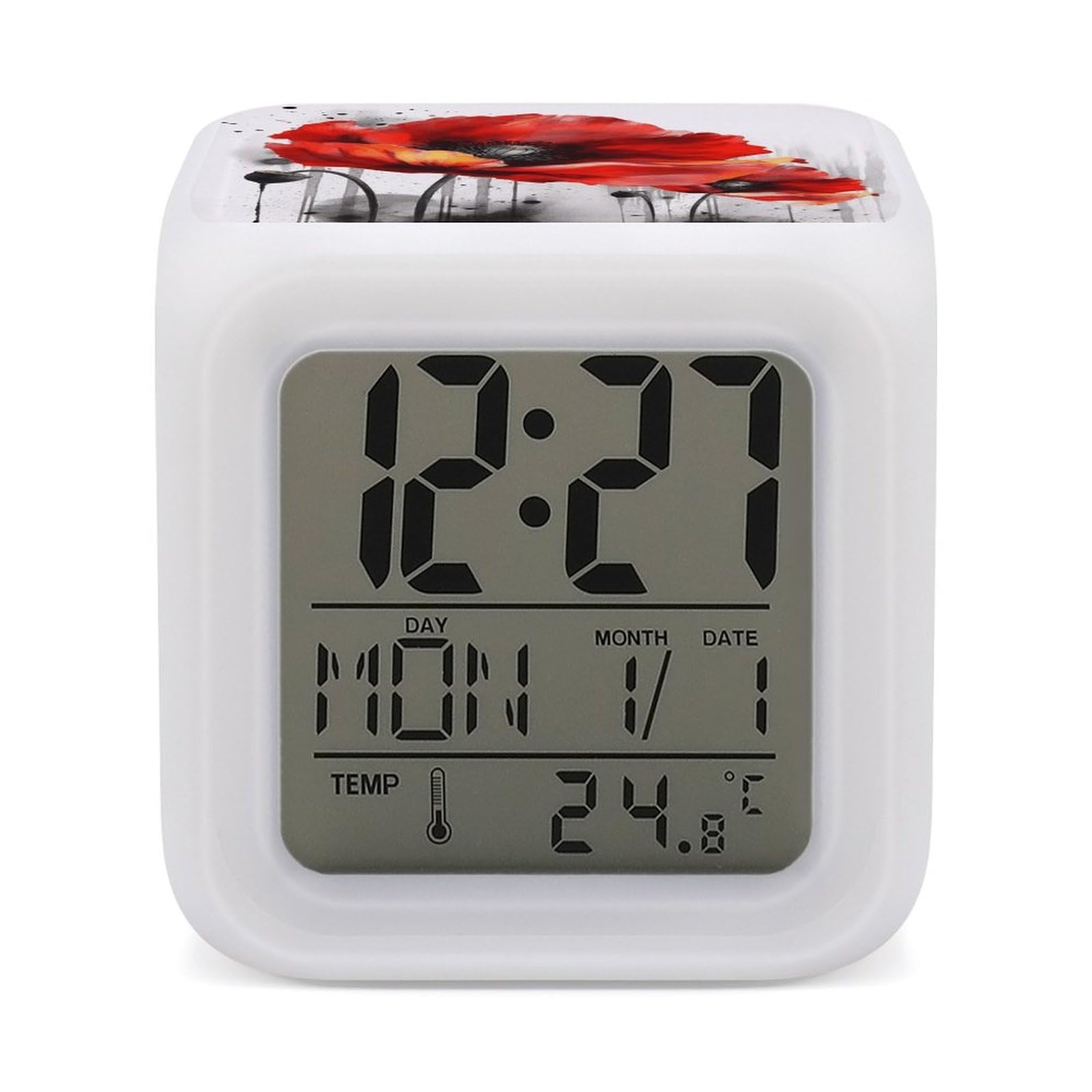 VstaDank Beautiful Poppy Flower Ink Digital Alarm Clock LED Display Screen Color Change Alarms Clock Smart Alarm Clock Wake Up Digital Clocks with 7 Color Nightlight for Bedroom