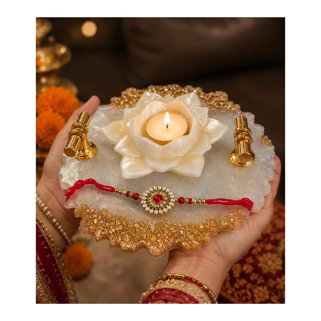 Handmade Resin Pooja Thali Pearl White and Gold 8 Inch,Rakhi thali | Detachable Lotus Holder, Tea Light Candle Holder, Raksha Bandhan Thali, Gold Finish Edges, 20.3 x 15.2 cm-image-42