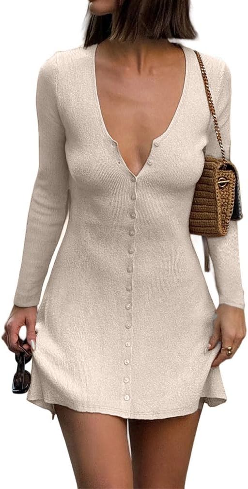 Women Sexy Deep V Neck Button Front Knit Mini Dress Elegant Long Sleeve Ribbed Flowy Hem A-Line Short Dresses