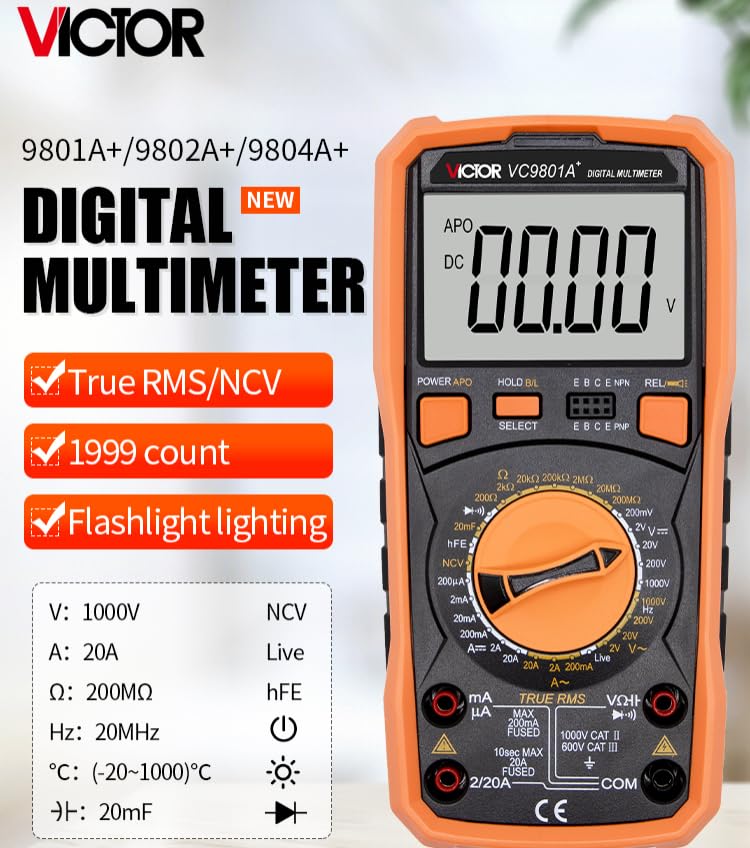Image of Victor /RuoShui VC9804A+ 1000V 1999 Counts True RMS Manual Range Digital Multimeter Temperature -20~1000 Celsius Capacitance 20mF Tester(Victor VC9804A+)