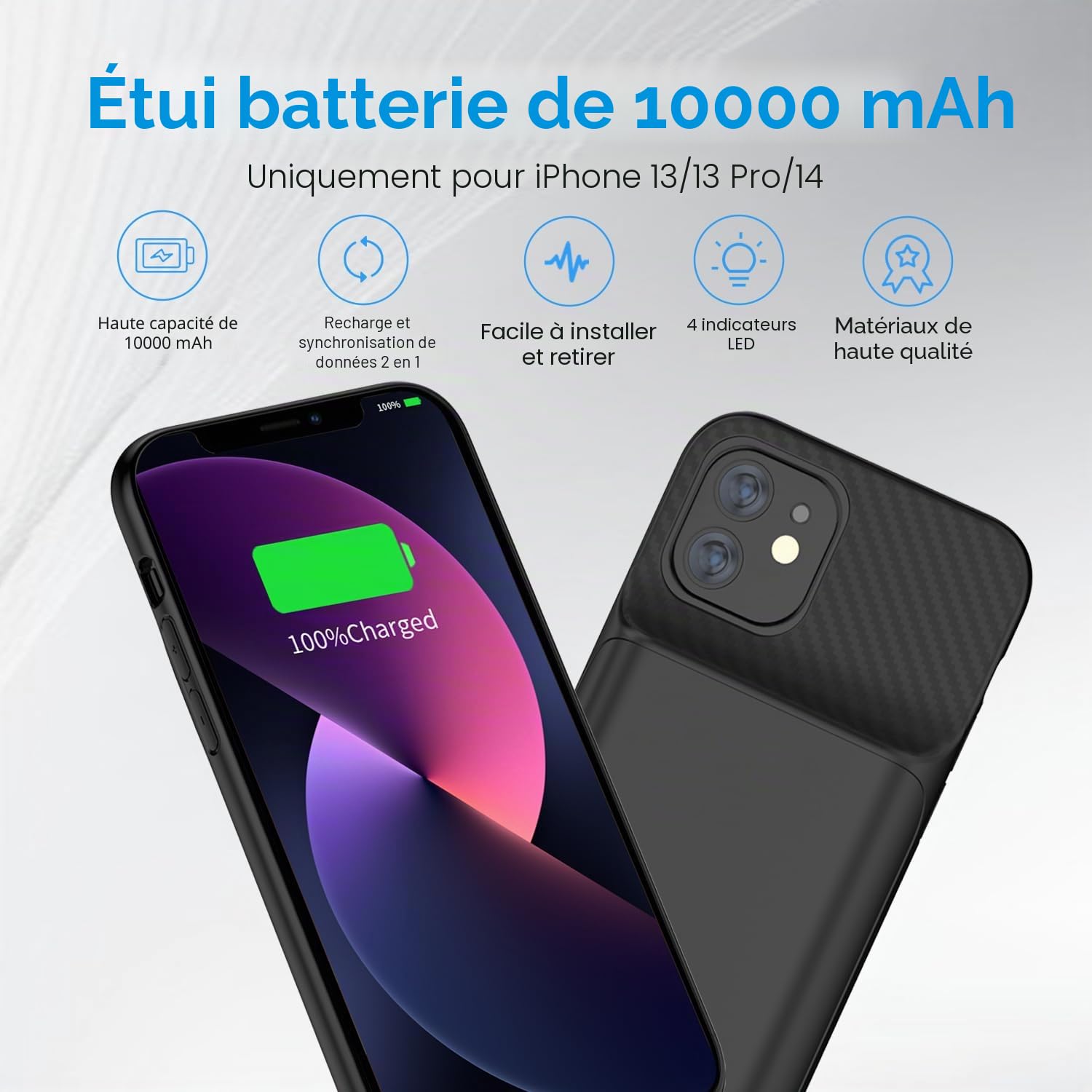 Coque de batterie pour iPhone 13/13Pro/14, 13800 mAh ultra fine, chargeur de batterie rechargeable et extensible