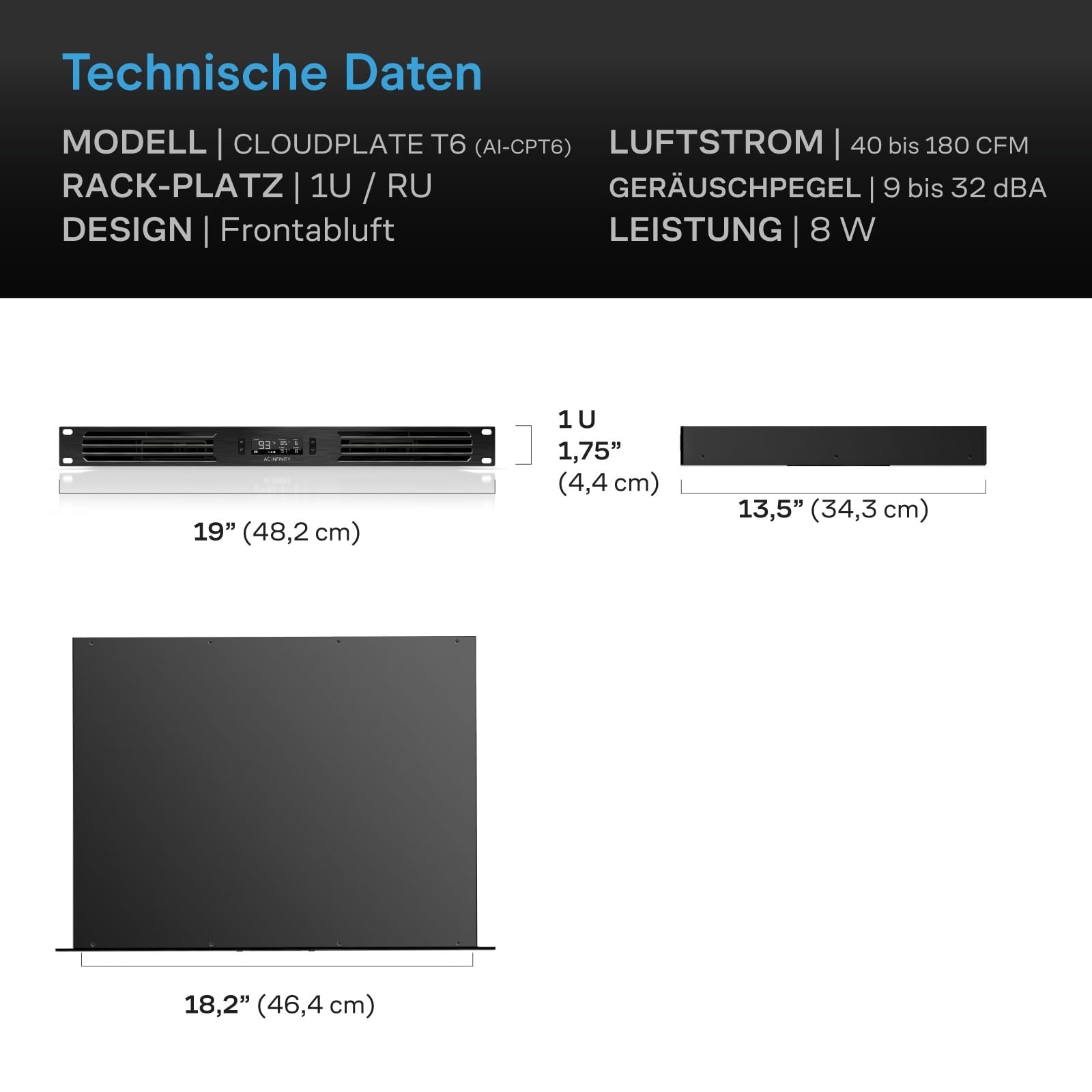 AC Infinity CLOUDPLATE T6, Rack-Montage-Lüfter 1U, Front-Abluftstrom, zur Kühlung von AV-Geräten, Heimkinoanlagen und Netzwerk 48cm Racks