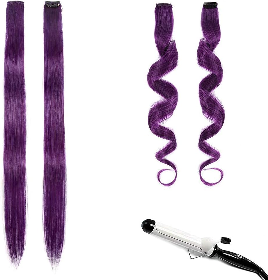 Majik Colored Highlights Clip in Hair Extensions for Girls and Women (Set of 2 Pcs, Purple)