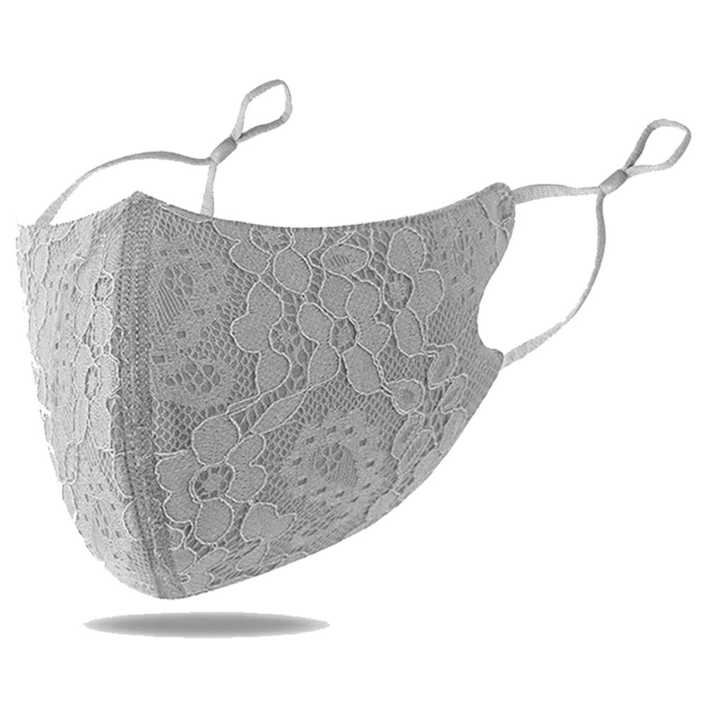 TFTSR Breathable Lace Masquerade Mask for Women,Reusable Cloth Face Mask for Girls,Cute Fashion Cover for Wedding Party,Large (grey)