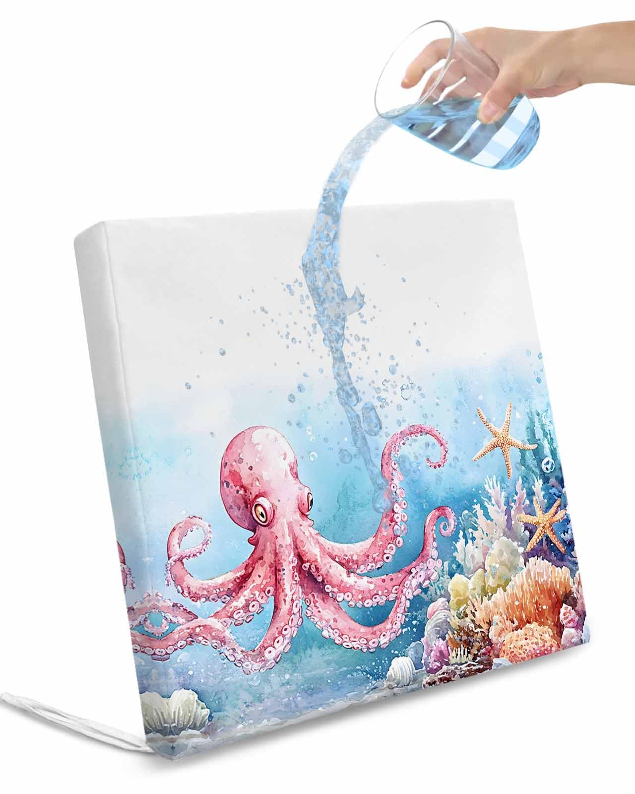 2 Pack Octopus Waterproof Cushion Covers with Ties, Outdoor Patio Chaise Lounge Chair Seat Cushion Slip Covers Replacement(Only Cover) Coastal Starfish Watercolor Blue Ocean Coral 22