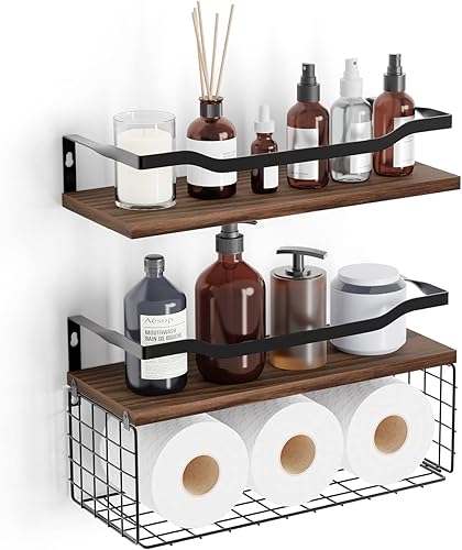 Buwico Estantes flotantes montados en la pared, estantes de pared de baño con cesta de almacenamiento de papel, estante flotante de granja para