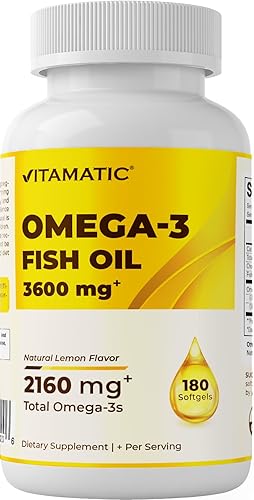 Vitamatic Aceite de pescado Omega 3 de triple fuerza, 3600 mg por porción, 2160 mg de ácidos grasos Omega 3, 1296 mg de EPA + 864 mg de DHA, sabor a