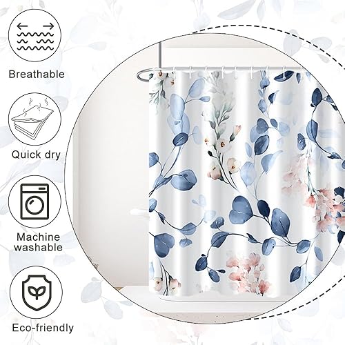 Miniatura 6 de Cortina de ducha con diseño de eucalipto azul acuarela, juego de cortina de ducha pequeña para caravana, impermeable, decoración de baño floral de