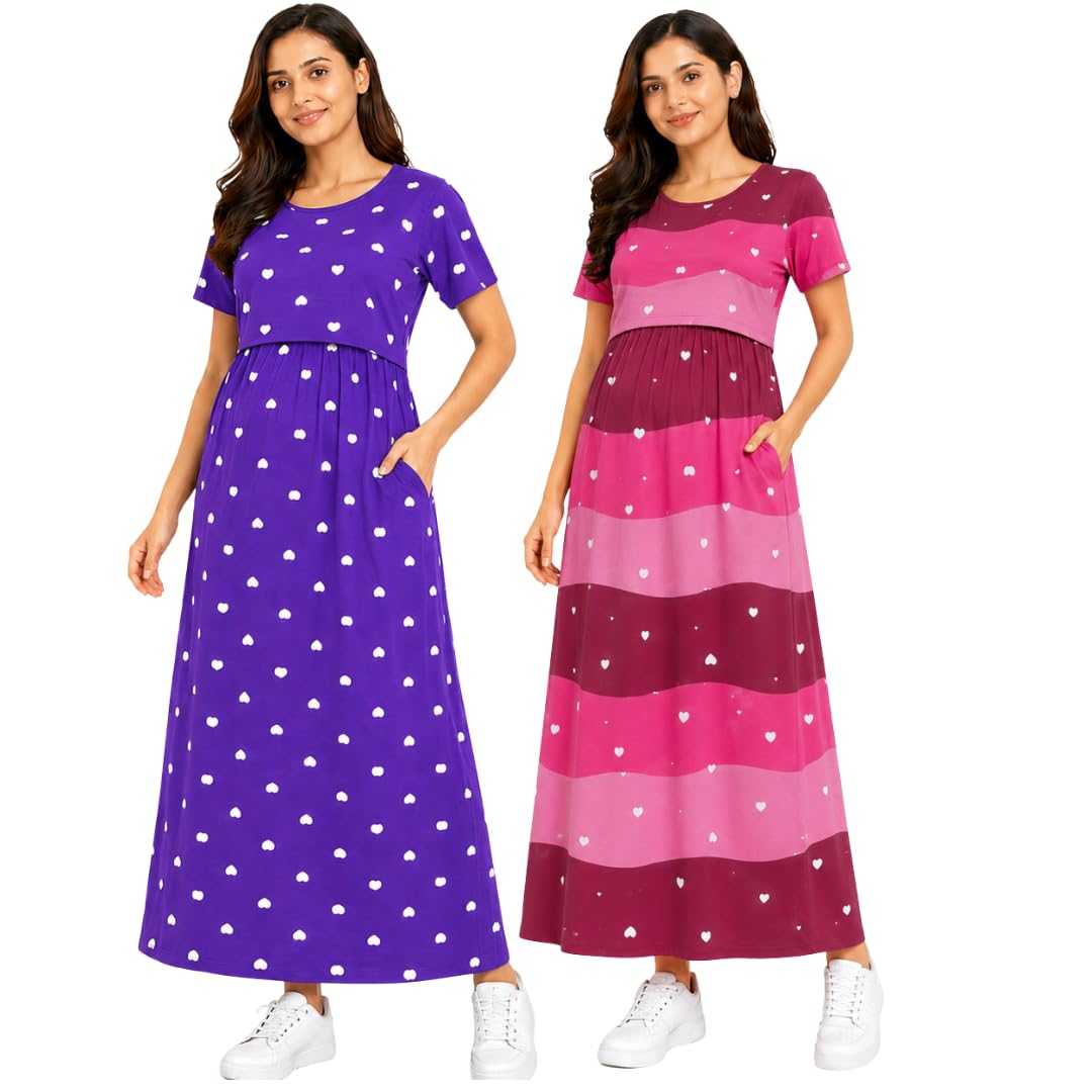 Zipless Maternity Feeding Dress Combo Pack of 2 | Zipless Nursing Dress for Women | Soft Cotton Lounge & Outdoor Wear | Pregnancy & Feeding Friendly Maxi Dress with Pockets-image-10