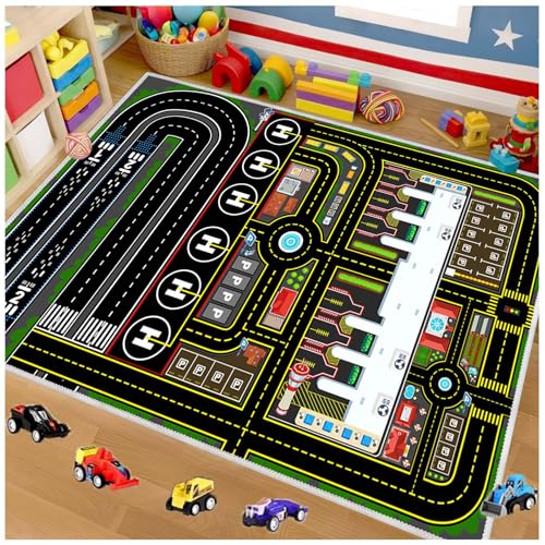 Kids Rug Car Rugs Airplane Road Carpet Playmat for Play Toy Cars, Airport Parking Track Rug Carpet for Playroom Nursery Classroom Kids Room, Play Floor Mat Great Gift for Boy Girl 2.6x3.9ft