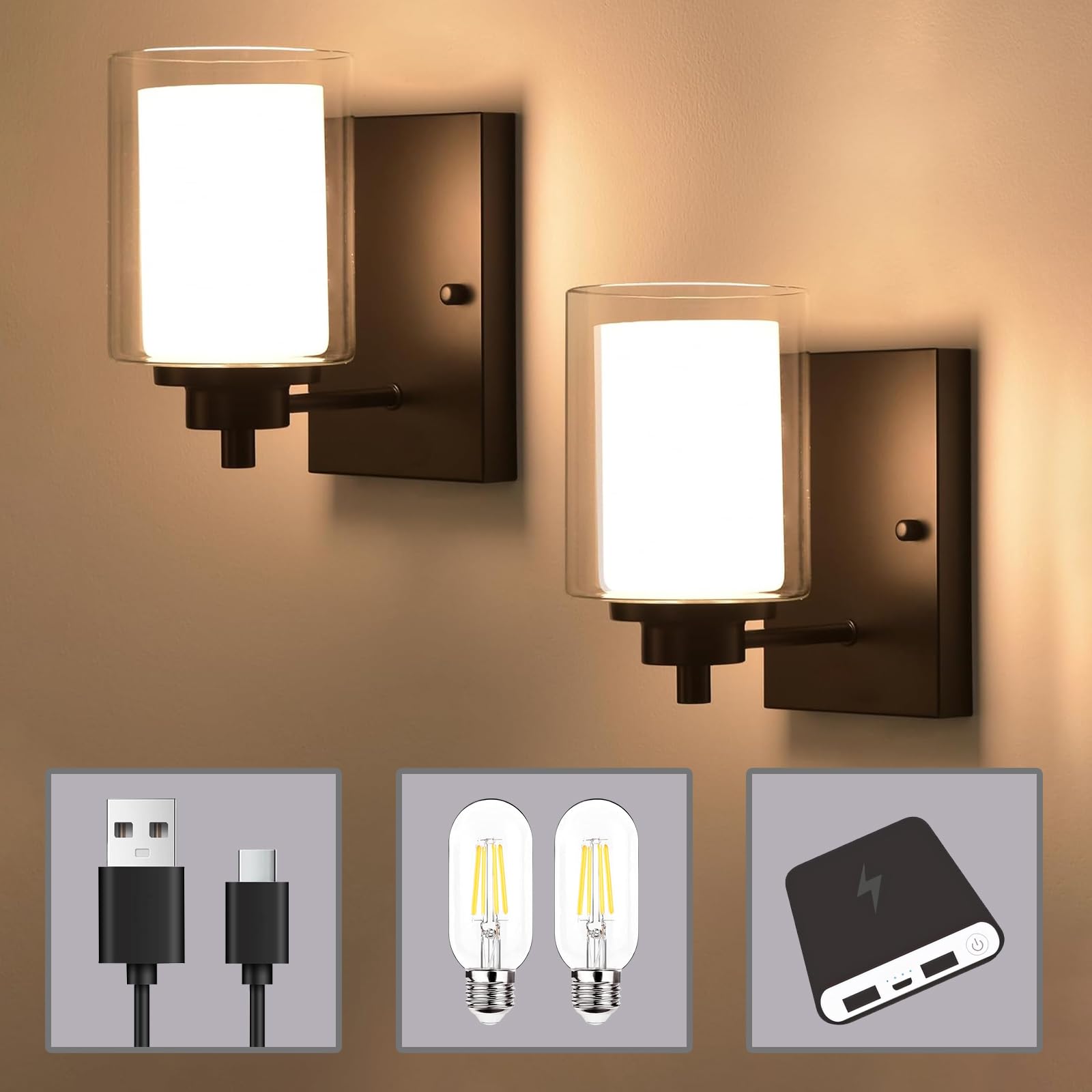 AOLALA Battery Operated Wall Sconces Set of 2, Rechargeable Wall Light ...