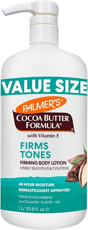 Palmer’s Cocoa Butter Formula, Firming Body Lotion (33.8 fl oz), Skin Toning & Tightening Moisturizer with Collagen, Elastin, Q10 & Vitamin E, 48-Hour Moisture, Vegan Friendly, Dermatologist Approved