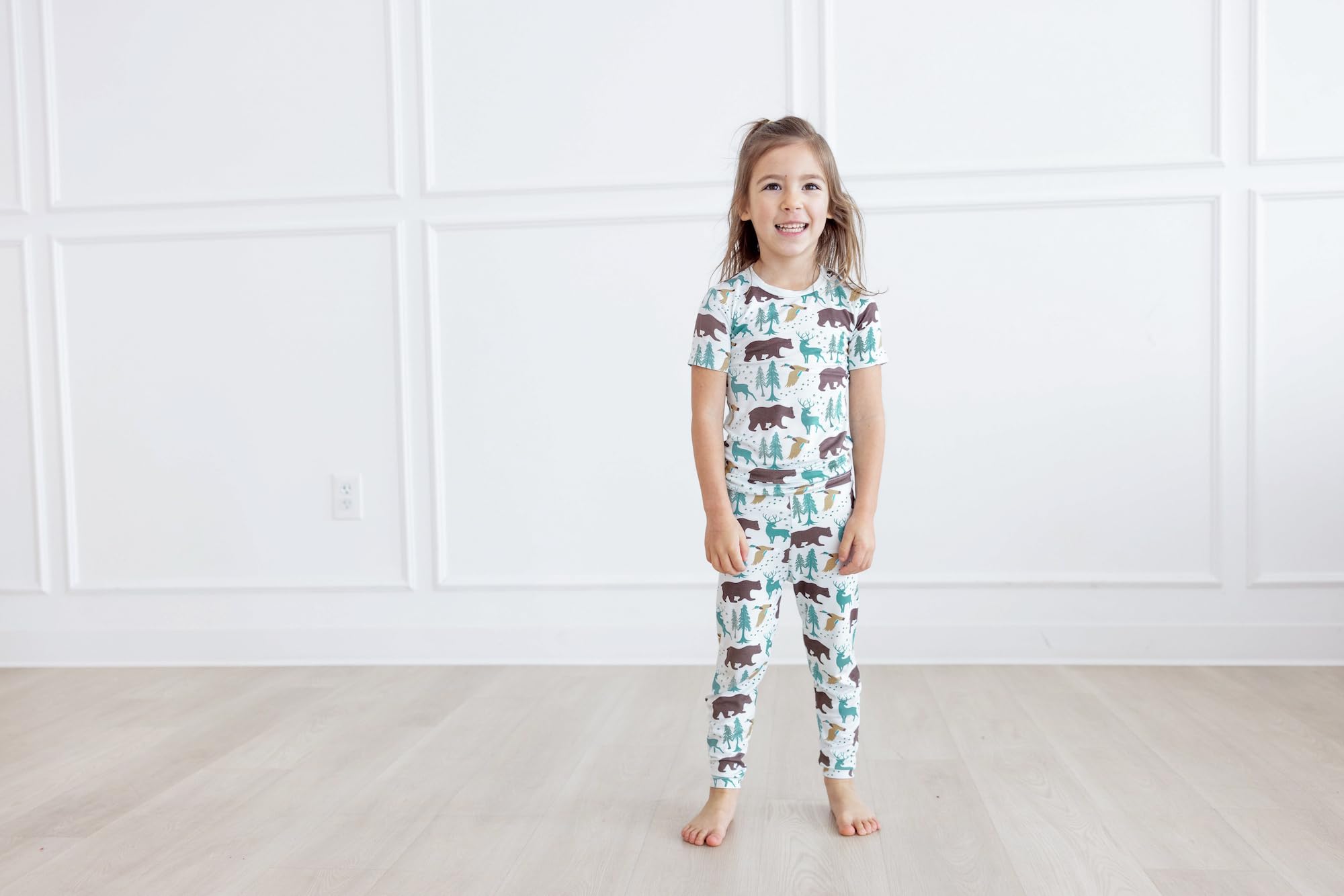 KicKee Print Short Sleeve Pajama Set, Baby to Kid, Viscose from Bamboo Fitted Pajamas, Seasonal Collections, Outdoors (Fresh Air Forest Adventure - 8 Years)