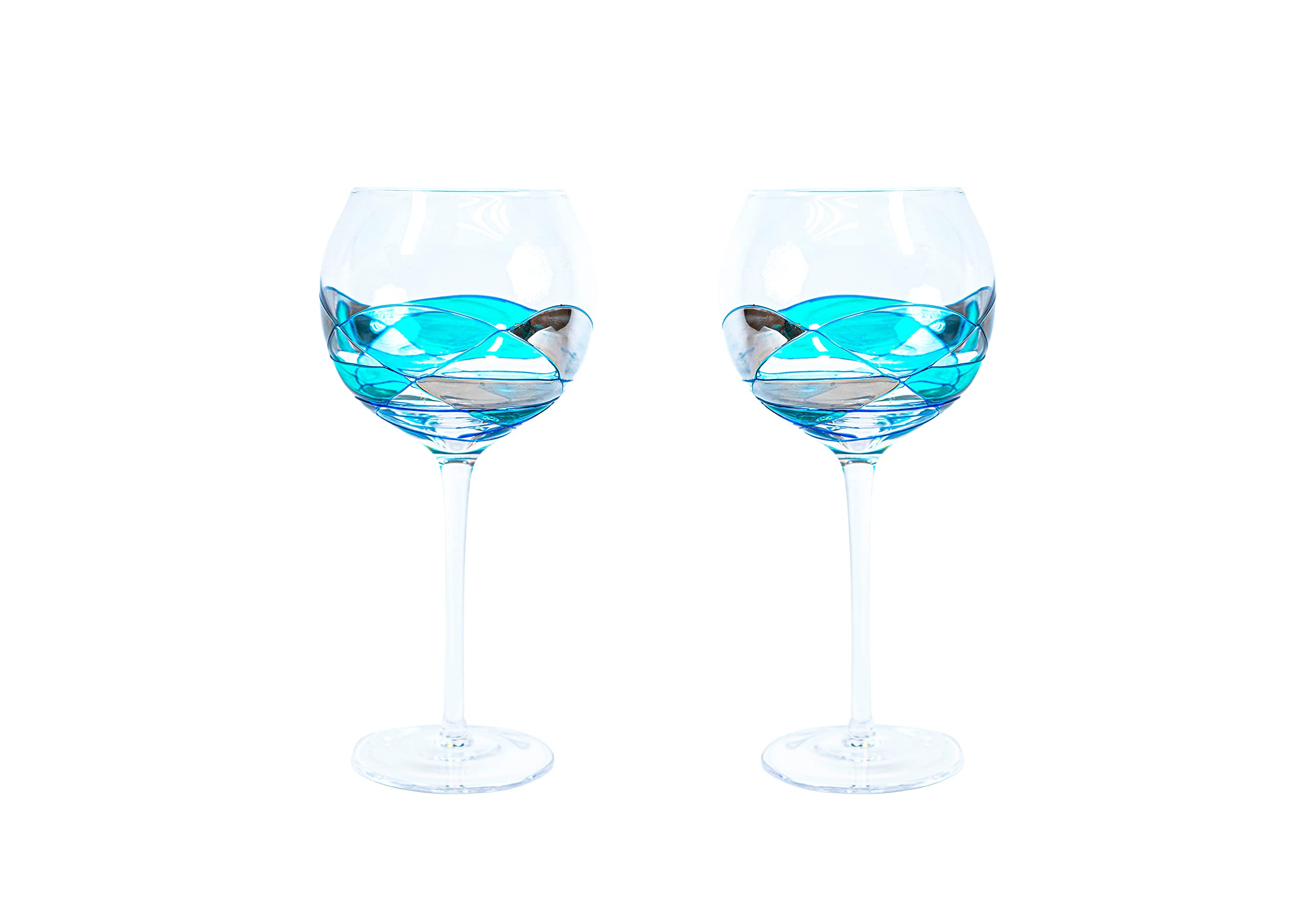 Wine Glass Large Stem 21oz Handblown & Handmade, Handpainted Limited Drinking Glasses Drinkware Essentials Wine Glassware Unique Gifts Ideas Women Men Birthday Wedding (Blue, Set 2)