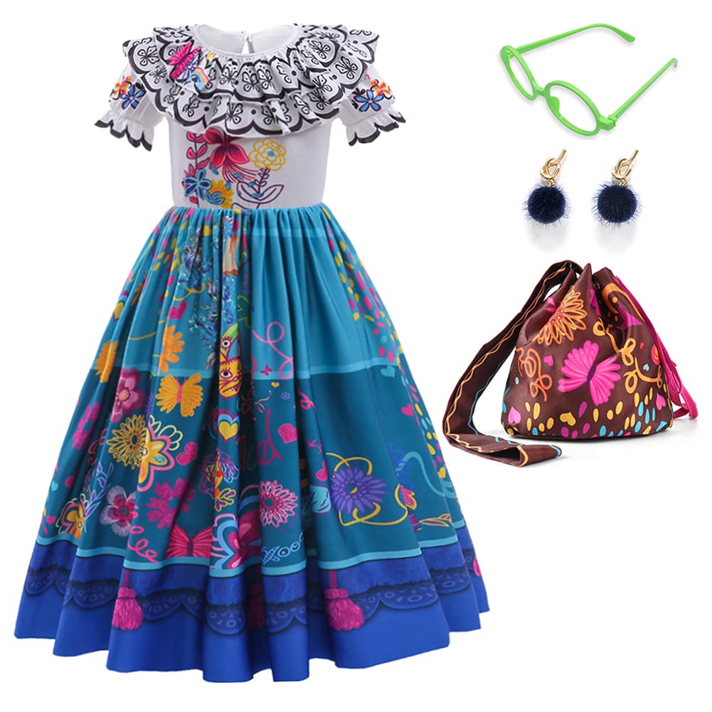 Encanto Dress - Mirabel Dress, Isabella Costume for Girls - Cosplay Dress Up With Glasses & Earrings