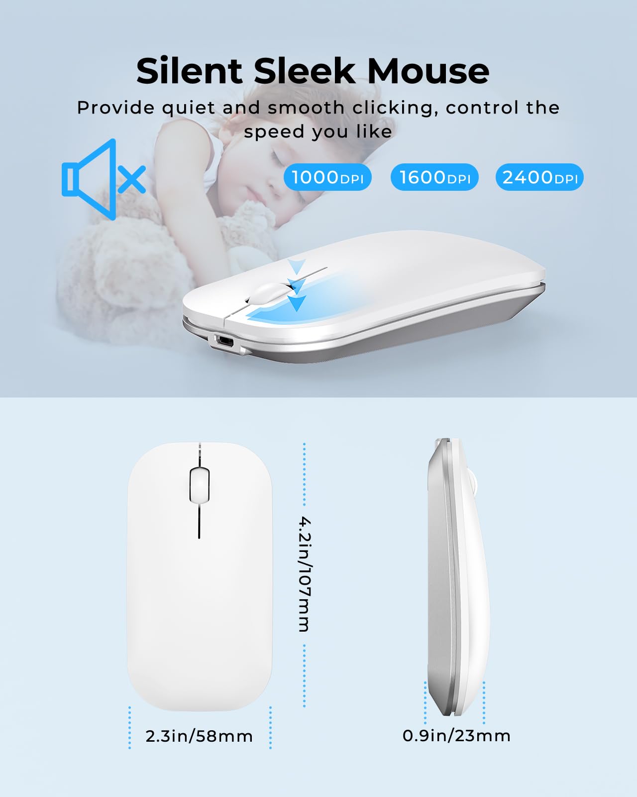 seenda SKM64-3 - Tastiera wireless Bluetooth, ricaricabile, ultra sottile, mouse e tastiera wireless per Windows, Mac OS, laptop, tablet, iPad, layout QWERTY UK, bianco e argento